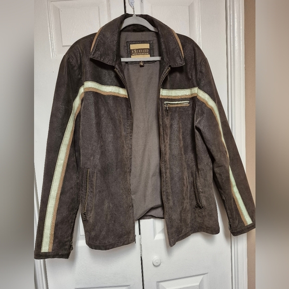 EXCELLED Men's Dark Brown and Tan Bomber  Leather Jacket - Picture 5 of 5